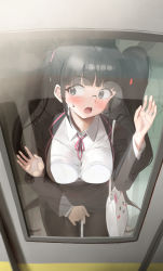 Rule 34 | 1girl, against glass, bag, black eyes, black hair, black jacket, black pantyhose, black skirt, blunt bangs, blush, breast press, breasts, breasts on glass, chikan, collared shirt, commission, crowd, dress shirt, fingering, formal, from outside, glass, hand on glass, handbag, hetero, highres, jacket, large breasts, long hair, long sleeves, looking back, miniskirt, office lady, open clothes, open jacket, open mouth, original, pantyhose, pink ribbon, ribbon, round eyewear, shirt, skirt, skirt suit, solo focus, standing, suit, surprised, sweatdrop, train interior, twin (tt lsh), twintails, very long hair, white shirt, wince, window