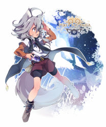 Rule 34 | 1girl, animal ears, camera, cat ears, cat tail, grey hair, highres, jacket, open mouth, pixiv fantasia, pixiv fantasia new world, short hair, shorts, solo, tail, umiko (munemiu)