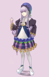 Rule 34 | 1girl, absurdres, blueberry, blueberry tart, clenched hand, closed umbrella, detached collar, eyebrows, food, food-themed clothes, food-themed ornament, fruit, fruit tart, full body, hand on own hip, hat, highres, long hair, looking at viewer, omotichan, original, personification, pocketland, purple background, purple eyes, purple hair, shoes, solo, standing, tart (food), umbrella, white footwear, white legwear