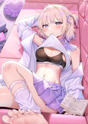 Rule 34 | 1girl, barefoot, black sports bra, blonde hair, blush, breasts, bu leike, choker, cleavage, clothes lift, collarbone, commentary request, couch, crop top, earrings, feet, foot out of frame, highres, hololive, hololive dev is, jacket, jewelry, lying, manga (object), medium breasts, midriff, miniskirt, mouth hold, multicolored hair, multiple earrings, nail polish, navel, off shoulder, on back, pom pom (cheerleading), purple eyes, purple hair, purple nails, sailor collar, school uniform, serafuku, shirt, shirt lift, short hair, skirt, soles, solo, sports bra, streaked hair, todoroki hajime, toenail polish, toenails, toes, two side up, virtual youtuber, white choker, white shirt