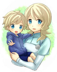 Rule 34 | 10s, 1boy, 1girl, age difference, aged down, aged up, asemu asuno, bad id, bad pixiv id, blonde hair, blue eyes, blush, carrying, emily armond, gundam, gundam age, hood, hoodie, mother and son, nogusa (shamo nb), open mouth, outstretched arm, shorts