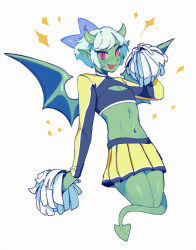 Rule 34 | 1boy, cheerleader, colored skin, crop top, cropped legs, demon boy, demon tail, fangs, green skin, holding, holding pom poms, horns, long sleeves, male focus, midriff, navel, open mouth, original, pink eyes, pleated skirt, pointy ears, pom pom (cheerleading), pom poms, short hair, simple background, skirt, smile, solo, tail, trap, white background, white hair, wings, yellow skirt, zambiie