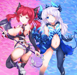 Rule 34 | 2girls, ass, bare shoulders, blue eyes, blue hair, blush, boots, breasts, crown, demon girl, demon horns, demon wings, diabla (elsword), elbow gloves, elsword, gloves, high heel boots, high heels, highres, horns, karis (elsword), large breasts, leotard, lin yu, long hair, looking at viewer, looking back, luciela r. sourcream, multiple girls, open mouth, parted lips, polearm, red eyes, red hair, shiny skin, smile, spear, tail, thigh boots, thighhighs, twintails, weapon, wings