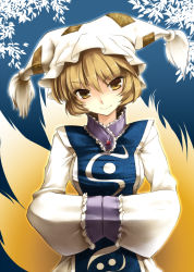 Rule 34 | 1girl, bad id, bad pixiv id, blonde hair, female focus, fox tail, hands in opposite sleeves, hat, multiple tails, narumizg, short hair, solo, tail, touhou, yakumo ran, yellow eyes