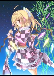 Rule 34 | 1girl, absurdres, ahoge, alternate costume, bad id, bad pixiv id, bamboo, blonde hair, cherry blossoms, dress, embodiment of scarlet devil, female focus, flandre scarlet, food, highres, letterboxed, lio, looking back, mouth hold, nature, night, outdoors, petals, ponytail, purple eyes, sky, solo, takoyaki, touhou, wings