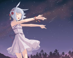 Rule 34 | 1girl, animal ears, djmax, djmax portable, djmax technika, dress, closed eyes, flat chest, h2so4, hair ornament, night, open mouth, outstretched arms, rabbit ears, saber hair, short hair, silver hair, sky, solo, star (sky), star (symbol), suee