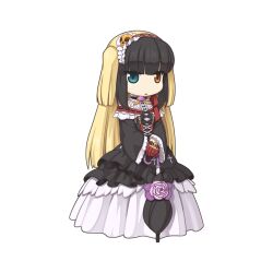 Rule 34 | 1girl, black dress, black hair, black umbrella, blonde hair, blue eyes, blunt bangs, chibi, chibi only, closed umbrella, cross-laced clothes, cross-laced dress, dress, dyed bangs, expressionless, flower, frilled dress, frills, full body, gloves, heterochromia, holding, holding umbrella, long hair, looking at viewer, multicolored hair, official art, open mouth, orange eyes, pink flower, pink rose, purple brooch, ragnarok online, red gloves, rose, shalosh, simple background, skirt, skirt under dress, solo, standing, transparent background, two-tone hair, two side up, umbrella, white skirt, yuichirou