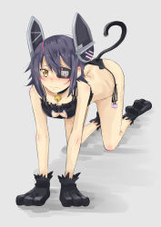 Rule 34 | 10s, 1girl, all fours, animal hands, bad id, bad pixiv id, bell, blush, bra, breasts, cat cutout, cat lingerie, cat paws, cat tail, cleavage, cleavage cutout, clothing cutout, eyepatch, gloves, headgear, highres, jingle bell, kantai collection, looking at viewer, meme attire, nagi (koutei penguin), nagisan, panties, paw gloves, paw shoes, purple hair, shoes, short hair, side-tie panties, solo, tail, tenryuu (kancolle), underwear, underwear only, yellow eyes