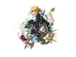 Rule 34 | 00s, 1girl, ahoge, artoria pendragon (all), artoria pendragon (fate), blonde hair, fate/stay night, fate (series), flower, gauntlets, gloves, green eyes, halberd, lily (flower), polearm, ribbon, saber (fate), simple background, sitting, solo, staring, type-moon, weapon, white background, white theme