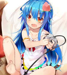 Rule 34 | 1girl, armlet, bare arms, bare shoulders, barefoot, blue hair, brown eyes, child, collarbone, commentary request, controller, dress, efe, food, fruit, game console, hair between eyes, highres, hinanawi tenshi, holding, knee up, long hair, nintendo 64, nintendo 64 controller, no headwear, open mouth, peach, short dress, sitting, solo, touhou, white dress