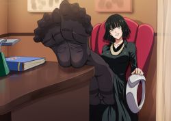 Rule 34 | 1girl, absurdres, cameltoe, chair, desk, feet, foot focus, fubuki (one-punch man), green eyes, green hair, highres, looking at viewer, medium hair, one-punch man, panties, panties under pantyhose, pantyhose, pantyshot, parted lips, sitting, soles, solo, underwear