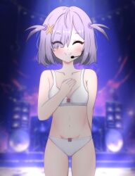 Rule 34 | 1girl, absurdres, belly, blush, blush stickers, bra, breasts, closed eyes, commission, concert, eien project, eyebrows, eyelashes, hair over one eye, hand on own chest, headset, highres, knee up, knees up, looking at viewer, microphone, navel, panties, purple hair, shironomi, short hair, small breasts, smile, solo, stage, stage lights, standing, underwear, underwear only, virtual youtuber, white bra, white panties, zumi dokumi