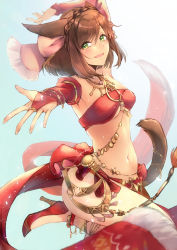 Rule 34 | 1girl, :d, animal ears, anklet, arm up, bracelet, braid, breasts, bridal gauntlets, brown hair, cat ears, cat girl, cat tail, crown braid, dancer, dancer (final fantasy), final fantasy, final fantasy xiv, glint, gradient background, green eyes, hair between eyes, hair ribbon, high heels, highres, jewelry, leg up, loincloth, medium breasts, miqo&#039;te, nanase kokono, navel, necklace, open mouth, outstretched arm, pink ribbon, red footwear, ribbon, shoes, short hair, signature, slit pupils, smile, solo, sparkle, swept bangs, tail, tail ornament, tail ring, underboob