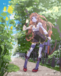 Rule 34 | 1girl, absurdres, black skirt, blue sky, brown hair, browning auto 5, cloud, dappled sunlight, day, flower, green eyes, gun, headgear, helena (kancolle), helena kai (kancolle), highres, kantai collection, long hair, long sleeves, looking at viewer, military, military uniform, neck ribbon, neve (morris-minicooper), outdoors, ribbon, road, skirt, sky, smile, solo, sunflower, sunlight, thighhighs, tree, uniform, weapon