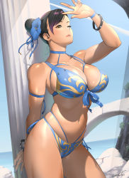 Rule 34 | 1girl, bare shoulders, bikini, bracelet, breasts, capcom, chun-li, flower, hair bun, hair ornament, highres, jewelry, kotoyoshi yumisuke, large breasts, lips, muscular, muscular female, navel, one eye closed, outdoors, parted lips, single hair bun, solo, solo focus, stomach, street fighter, swimsuit, thick thighs, thighs, yellow eyes