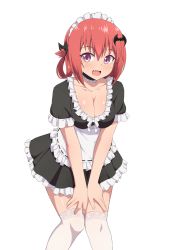 Rule 34 | 1girl, alternate costume, bad id, bad pixiv id, blush, breasts, cleavage, dress, enmaided, fang, gabriel dropout, hair rings, highres, looking at viewer, maid, nyaroon, purple eyes, red hair, satanichia kurumizawa mcdowell, smile, solo, thighhighs, white background, white thighhighs