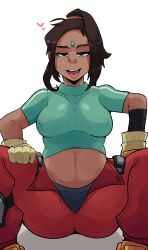 Rule 34 | 1girl, absurdres, apex legends, breasts, brown hair, clothes, covered erect nipples, gloves, highres, horu (horu 111), long hair, looking at viewer, medium breasts, nose piercing, open mouth, piercing, ponytail, rampart (apex legends), simple background, smile, tongue, tongue out, tongue piercing, white background