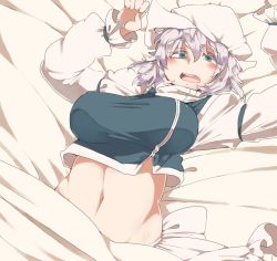 Rule 34 | 1girl, aqua eyes, arms up, bed, bed sheet, blue eyes, blush, clothes lift, eyebrows, female focus, hat, iroyopon, letty whiterock, light purple hair, long sleeves, looking at viewer, lying, midriff, navel, on back, on bed, open mouth, scarf, shirt lift, short hair, solo, thick eyebrows, touhou, white scarf