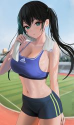 Rule 34 | 1girl, adidas, aqua eyes, armpit crease, bare arms, bare shoulders, black hair, black shorts, breasts, cleavage, cowboy shot, crop top, day, highres, large breasts, long hair, looking at viewer, midriff, mole, mole under eye, myabit, navel, original, outdoors, parted lips, short shorts, shorts, sidelocks, sleeveless, solo, sports bra, standing, stomach, sweat, towel, towel around neck, track and field, twintails