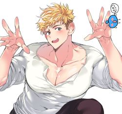 Rule 34 | 1boy, alfi (tok), bad id, bad twitter id, blonde hair, brown pants, granblue fantasy, grey eyes, korean text, large pectorals, looking at viewer, male focus, on one knee, open mouth, pants, pectoral cleavage, pectorals, shirt, simple background, smile, solo, vane (granblue fantasy), white background, white shirt