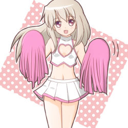 Rule 34 | 1girl, atair, bare shoulders, blush, character cutout, cheerleader, eyebrows, fate/kaleid liner prisma illya, fate/stay night, fate (series), female focus, heart cleavage cutout, illyasviel von einzbern, legs together, long hair, looking at viewer, navel, open mouth, pleated skirt, polka dot, pom pom (cheerleading), red eyes, simple background, skirt, smile, solo, standing, white hair