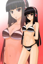 Rule 34 | 1girl, arm behind back, bare shoulders, beatmania, beatmania iidx, bikini, black hair, blunt bangs, breasts, cleavage, gradient background, hand on own arm, headphones, highres, hime cut, hinazuki ririna, kenken, long hair, looking at viewer, navel, o-ring, o-ring top, official style, red eyes, smile, solo, standing, striped bikini, striped clothes, swimsuit, underboob, zoom layer