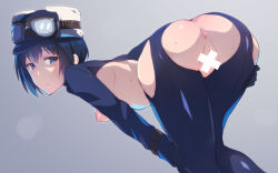 Rule 34 | 1girl, anus, arm support, ass, ass cutout, bar censor, bent over, black gloves, blue eyes, blue hair, blush, breasts, censored, character cutout, cleavage cutout, clothing cutout, commentary request, em (totsuzen no hakike), expressionless, female pubic hair, from behind, fur hat, gloves, goggles, goggles on head, goggles on headwear, gradient background, grey background, hat, kino (kino no tabi), kino no tabi, leaning forward, light blush, looking at viewer, looking back, nipples, no bra, no panties, pubic hair, pussy, revealing clothes, short hair, side cutout, sideboob, small breasts, solo, sweat, sweatdrop, ushanka