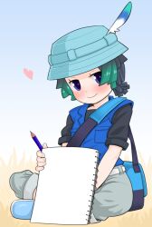 Rule 34 | 1boy, ^^^, bag, black hair, black shirt, blue hat, blue vest, blush, booth tomato, commentary, crossed legs, green hair, grey shorts, hat, hat feather, heart, kemono friends, kemono friends 2, kyururu (kemono friends), looking at viewer, male focus, multicolored hair, pencil, purple eyes, shirt, shorts, shoulder bag, sitting, sketchbook, smile, solo, vest