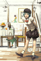 Rule 34 | 1girl, aqua eyes, aqua hair, bad id, bad pixiv id, basket, bottle, bow, bowtie, brush, canvas (object), chair, easel, hat, highres, neg, original, paint, painting (object), recursion, short hair, sketch, smile, solo
