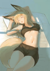 Rule 34 | 1girl, animal ears, armpits, arms up, batta (kanzume quality), blonde hair, breasts, closed eyes, fox ears, fox tail, long hair, lying, midriff, navel, on back, open mouth, original, pillow, sleeping, solo, tail