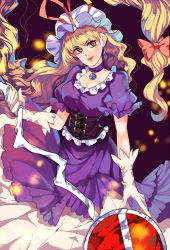 Rule 34 | 1girl, absurdly long hair, blonde hair, breasts, choker, cleavage, corset, dress, earrings, elbow gloves, floating hair, gem, gloves, gradient eyes, hat, hat ribbon, highres, jewelry, large breasts, light particles, lips, lipstick, long hair, looking at viewer, makeup, mob cap, multicolored eyes, purple background, purple dress, purple eyes, ribbon, short sleeves, sign, smile, solo, texture, touhou, very long hair, white gloves, yakumo yukari, yayoi (su misheng), yellow eyes