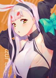 Rule 34 | 1girl, :o, animal ears, aqua bow, arms up, azur lane, black hairband, bow, breasts, copyright name, covered collarbone, covered erect nipples, extra ears, eyeliner, hairband, highres, long hair, long sleeves, maitei roppa, makeup, no bra, open mouth, orange background, rabbit ears, shimakaze (azur lane), sideboob, silver hair, small breasts, solo, straight hair, upper body, yellow eyes