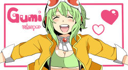 Rule 34 | 1girl, bad id, bad pixiv id, blush, chatubo, goggles, goggles on head, green hair, gumi, headphones, heart, jacket, gumi (v3 megpoid), open mouth, short hair, smile, solo, suspenders, vocaloid