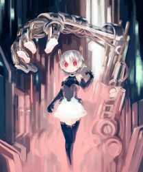 Rule 34 | 1girl, :&gt;, bare shoulders, black dress, black gloves, black thighhighs, breasts, commentary request, dress, elbow gloves, gloves, hair between eyes, highres, looking at viewer, machinery, mechanical arms, medium breasts, no nose, original, red eyes, robot ears, sakamoto ahiru, short dress, short hair, sleeveless, sleeveless dress, solo, thighhighs, v-shaped eyebrows, white dress, white hair, zettai ryouiki