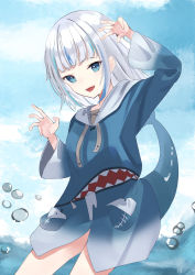 Rule 34 | 1girl, absurdres, akainu (akainu 04), blue eyes, blue sky, blunt bangs, dress, fins, fish tail, gawr gura, gawr gura (1st costume), highres, hololive, hololive english, hood, hoodie, huge filesize, long hair, looking at viewer, multicolored hair, ocean, open mouth, sky, smile, solo, sweater, sweater dress, tail, two-tone hair, virtual youtuber, water, water drop, white hair