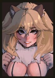Rule 34 | 1girl, absurdres, animal ear fluff, animal ears, artist name, big hair, bikini, black border, blonde hair, border, breasts, eyelashes, fur collar, furrowed brow, hair between eyes, hands up, highres, kemono friends, large breasts, leaning forward, light smile, lion (kemono friends), lion ears, lips, looking at viewer, parted lips, reborns, red lips, solo, swimsuit, upper body, yellow eyes