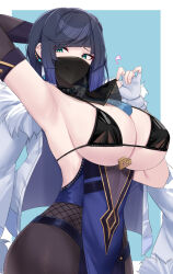 Rule 34 | 1girl, absurdres, aqua eyes, arm up, armpits, asymmetrical gloves, bare shoulders, bikini, black bikini, black gloves, blue background, blue hair, blunt bangs, border, breasts, cleavage, commentary, english commentary, fingerless gloves, fur-trimmed jacket, fur trim, genshin impact, gloves, highres, huge breasts, jacket, jacket on shoulders, kanta (kanta 077), large breasts, looking at viewer, mismatched gloves, mole, mole on breast, mouth veil, outside border, pantyhose, short hair, sideboob, simple background, sleeveless, smile, solo, sparkle, swimsuit, underboob, upper body, veil, white border, white gloves, white jacket, yelan (genshin impact)