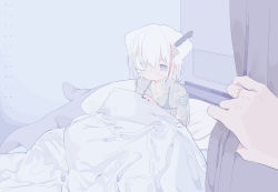 Rule 34 | 1girl, animal ears, bed, bikini, bikini under clothes, blanket, blue eyes, cat ears, commentary, curtains, expressionless, eyepatch, gauze, highres, indoors, knife in head, looking at viewer, medical eyepatch, medium hair, nail polish, object through head, one eye covered, original, outo eguchi, pillow, pov, pov hands, purple nails, scar, scar on hand, see-through, see-through kimono, solo focus, string bikini, stuffed animal, stuffed shark, stuffed toy, swimsuit, translation request, under covers, white hair