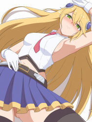 Rule 34 | 1girl, arm up, armpits, backless shirt, belt, between breasts, black thighhighs, blazblue, blonde hair, blue skirt, blush, breasts, drill bulbul, gloves, gluteal fold, gold trim, green eyes, hair ornament, hand on own forehead, hand on own hip, lying, medium breasts, midriff, navel, necktie, necktie between breasts, noel vermillion, on back, pleated skirt, red necktie, shadow, simple background, skirt, solo, thighhighs, white background, white gloves