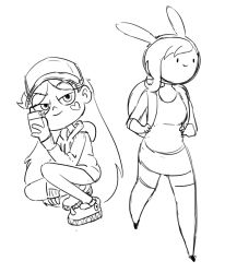 Rule 34 | 2girls, adventure time, animal ears, animal hood, backpack, bag, baseball cap, rabbit ears, rabbit hood, cellphone, disney, fake animal ears, fionna campbell, hat, heart cheeks, hood, hoodie, lineart, long hair, looking at viewer, monochrome, multiple girls, phone, short hair, simple background, sketch, skirt, smartphone, smile, squatting, standing, star butterfly, star vs the forces of evil, thighhighs, very long hair, white background, zettai ryouiki