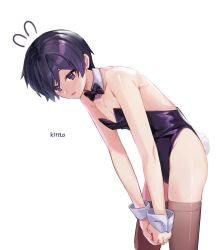 Rule 34 | 1boy, alternate costume, alternate hair color, animal ears, bare arms, bare shoulders, black bow, black bowtie, black leotard, bow, bowtie, brown thighhighs, character name, crossdressing, detached collar, fake animal ears, fake tail, from side, grey background, highres, kirito, leaning forward, leotard, long arms, male focus, male playboy bunny, nipples, open mouth, purple eyes, purple hair, rabbit tail, ryonha (ryeonghwa3233), short hair, simple background, solo, strapless, strapless leotard, sword art online, tail, thighhighs, wrist cuffs