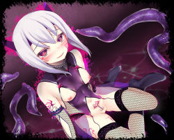 Rule 34 | 10s, 1girl, abyssal ship, blush, bottomless, breasts, corruption, dark persona, elbow gloves, garter straps, gloves, gradient background, heart, heart-shaped pupils, kantai collection, nipples, okuri banto, pubic tattoo, red eyes, see-through, short hair, silver hair, small breasts, solo, symbol-shaped pupils, taihou (kancolle), tattoo, tentacles, thighhighs