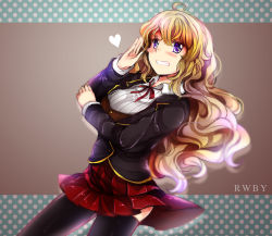 Rule 34 | 1girl, ahoge, black thighhighs, blonde hair, blush, breast hold, breasts, copyright name, grin, heart, highres, long hair, pleated skirt, purple eyes, revanche, rwby, school uniform, skirt, smile, solo, thighhighs, yang xiao long