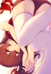 Rule 34 | 1girl, :o, absurdres, amber (genshin impact), bare arms, bare shoulders, breasts, brown hair, from below, genshin impact, half-closed eyes, highres, long hair, looking at viewer, open mouth, reizouko, short shorts, shorts, solo, thighhighs, thighs, white thighhighs, yellow eyes