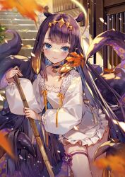 Rule 34 | 1girl, blue eyes, bracelet, broom, closed mouth, collar, collarbone, dress, hieihirai, highres, hololive, hololive english, jewelry, leaf, long hair, long sleeves, looking at viewer, maple leaf, ninomae ina&#039;nis, pointy ears, purple hair, smile, solo, stairs, tentacle hair, tentacles, thighhighs, virtual youtuber, white dress, white thighhighs