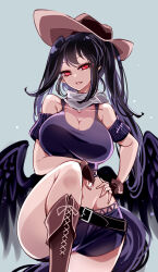 Rule 34 | 1girl, :d, alternate costume, bandana, bare shoulders, belt, black hair, boots, breasts, cleavage, cowboy hat, eyelashes, grey background, groin, hand on own hip, hat, highres, kurokoma saki, large breasts, leg up, looking at viewer, open mouth, pointy ears, ponytail, raptor7, red eyes, shorts, simple background, smile, solo, touhou