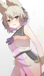 Rule 34 | 1girl, belt, black sailor collar, blush, brown eyes, brown hair, commentary, dress, earmuffs, gradient background, grey background, highres, looking at viewer, momitoekk, open mouth, pointy hair, sailor collar, short hair, sleeveless, sleeveless dress, solo, touhou, toyosatomimi no miko