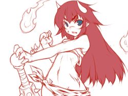 Rule 34 | 1girl, bad id, bad pixiv id, blue eyes, fang, horns, kazami mioyoru, kazami ryouya, long hair, mace, monochrome, oni, pointy ears, red hair, red oni, red theme, scar, sketch, solo, spiked mace, spikes, spot color, weapon