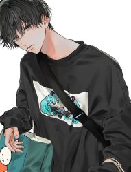 Rule 34 | 1boy, absurdres, bag, black hair, black sweater, blue eyes, cigarette, closed mouth, en (e898n), hatsune miku, highres, long sleeves, looking at viewer, male focus, mouth hold, original, shopping bag, short hair, simple background, sleeves past wrists, solo, sweater, white background