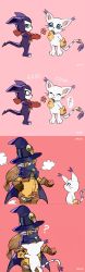 Rule 34 | absurdres, cat, digimon, flower, hat, highres, hug, imp, impmon, jewelry, ring, tail, tailmon, wizard hat, wizarmon